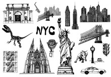 Set Of Hand Drawn Sketch Style New York Themed Isolated Objects. Vector Illustration.