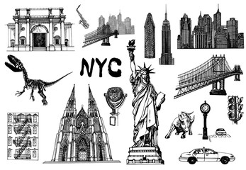Wall Mural - Set of hand drawn sketch style New York themed isolated objects. Vector illustration.