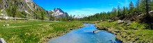Mountain Panorama With Torrent Full Of Water In Summer Alpe Devero