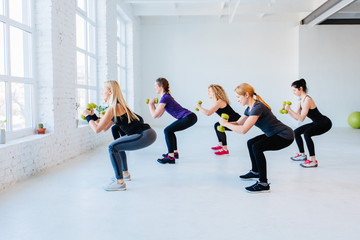 Wall Mural - Side view group of six athletic women doing squatting exercises with dumbbells in gym. Full height. Teamwork, good mood and healthy lifestyle concept.