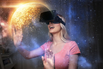 Wall Mural - woman in virtual reality headset or 3d glasses