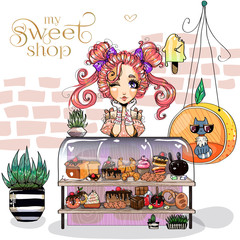 Wall Mural - Cute little girl at sweet-shop, young woman love sweet dessert, confectionery bakery cafe, anime style cartoon character comics girl portrait, vector illustration