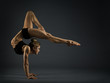 Flexible Woman Circus Gymnast, Gymnastics Hand Stand, Young Acrobat Standing on Hands, Yoga Headstand Backbend Exercise over black background
