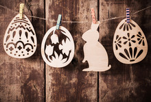Easter  Wooden Eggs On Wooden Background