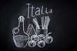Hand Drawn Chalk Illustration on Blackboard with Composition of Traditional Ingredients of Italian Cuisine. Olive Oil Bottle Tomatoes Parmesan Cheese Spaghetti Lettering. Menu Poster Recipe Concept