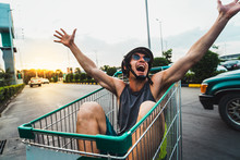 Emotional Man In Shopping Cart