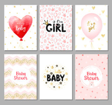 Vector Set Of 6 Color Baby Shower Cards For Girls. It's A Girl Card. Hello Baby Card. Vector Invitation With Cute Pattern, Balloon, Gift. Baby Arrival And Shower Collection.