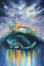 Dragon, Symbol Of Polish City Krakow Sleeping Under Wawel Castle.Picture Created With Watercolors.