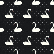 White Swan Seamless Pattern On Polka Dots Black Background. Cute Birds Vector Illustration. Trendy Fashion Design For Textile, Fabric, Decor.