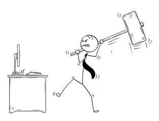 Canvas Print - Cartoon stick man drawing conceptual illustration of angry businessman ready to destroy his office computer by large sledgehammer or hammer.