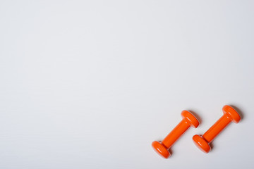 Wall Mural - Two dumbbells of orange are lying on a white background with a tree texture