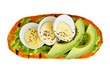 Sweet potato toast with avocado, eggs and chia seeds. Isolated on a white background.
