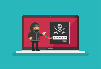 Hacker stealing a password on a laptop screen. Vector illustration
