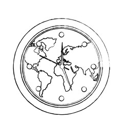 Sticker - round clock on world map ecology concept vector illustration sketch image