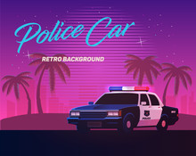 80s Retro Neon Gradient Background. Vintage Police Car. Palms And City. Tv Glitch Effect. Sci-fi Beach.