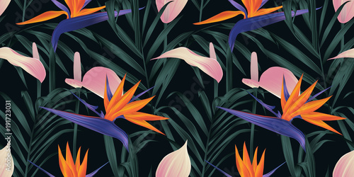 Seamless pattern, tropical plants, Bird of paradise flower, pink Anthurium an...