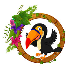 Toucan On Round Wood Frame With Flower
