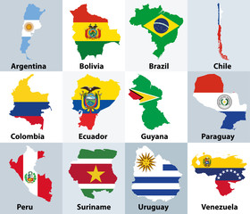Wall Mural - maps mixed with flags of the independent countries of south america