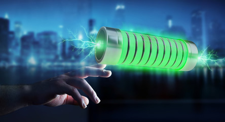 Poster - Businessman using green battery with lightnings 3D rendering