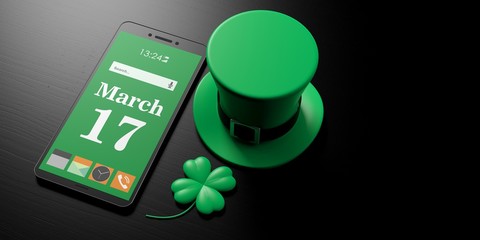 March 17, St Patricks Day on smartphone screen and leprechaun hat on black background, copy space. 3d illustration