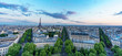 Sunset skyline of Paris with Eiffel tower and streets with trees