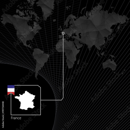 Fotografía France on black World Map. Map and flag of France.