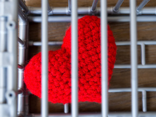 Heart in the cage Put on a wooden table, It shows the closure of freedom and love. Love is disappointed and not satisfied. Closing and blocking in love