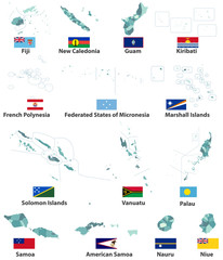  oceania countries with administrative divisions (regions borders) vector maps and flags