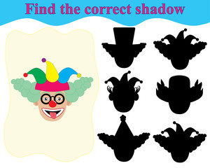 Wall Mural - Find the correct shadow of clown's face. Educational game for children.