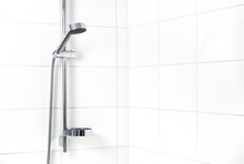 Modern Shower With White Wall Tiles. Simple Stylish Scandinavian Home Interior Design. Clean Fresh Bathroom.