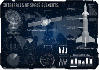 Wall Mural - Space background HUD, space rocket of spacecraft Ui, rocket vehicles, space boxes, aircraft, radar, satellite antenna, space satellite. Sky-fi HUD. panels Futuristic User Interface Spaceship