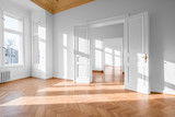 Fototapeta  - Empty room, flat with stucco ceiling ,  parquet floor and white walls 