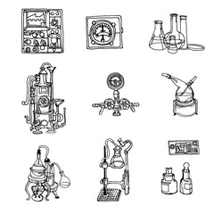 Wall Mural - vector abstract chemistry or physics lab icons set with laboratory glassware, oscilloscope, galvanom