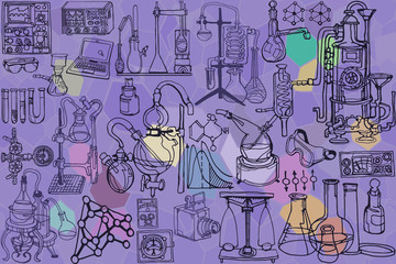 Wall Mural - vector seamless pattern with sketch elements related to science or education. physics or chemistry a