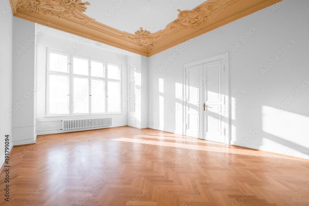 Empty room with parquet floor after renovation - obrazy, fototapety, plakaty 