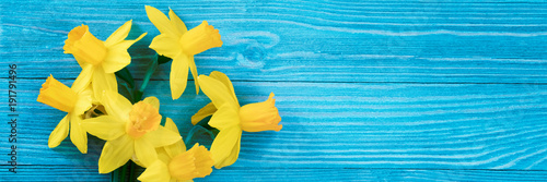 Daffodils bouquet on blue wooden table