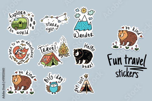 Big vector set of cartoon sticker for camping Canvas Print
