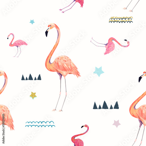 Abstract seamless pattern with flamingo. Summer tropical design. Hand drawn v...