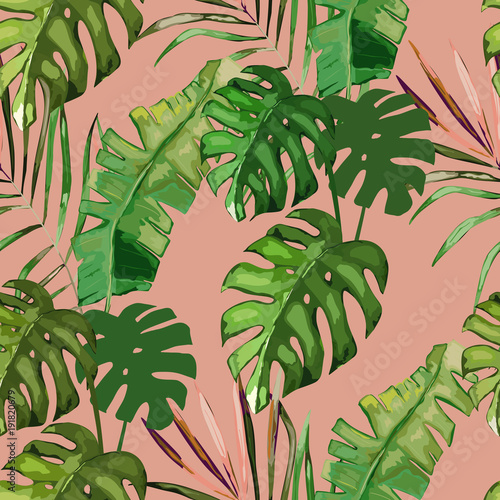 Exotic seamless pattern, green tropical leaves, botanical summer print, vecto...