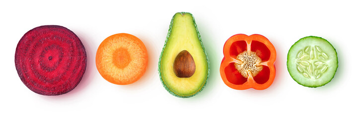 Aufkleber - Isolated vegetable pieces. Fresh slices of vegetables (beetroot, carrot, avocado, bell pepper, cucumber) in a row, top view, isolated on white background with clipping path