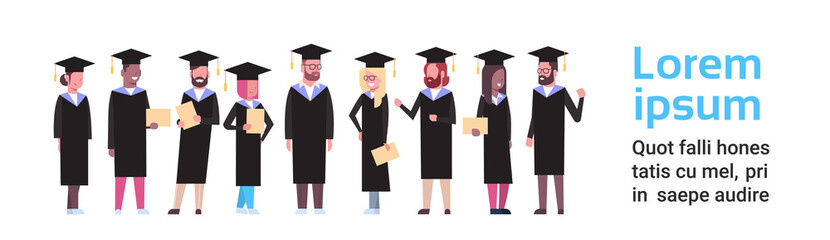 Wall Mural - Group Of Diverse Students In Graduation Cap And Gown Hold Diploma Full Length Over White Background Horizontal Banner Flat Vector Illustration