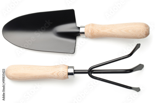 Fotografía Garden Shovel and Rake Isolated on White Background