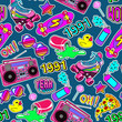 Seamless pattern with colorful elements from the nineties. Dark green background with patches, badges, pins, stickers in 90s comic style.