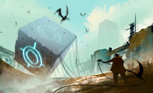 Digital Illustration Art Painting Style Warrior Readying To Attack Many Fly Monsters By Huge Weapon, The Stone Cube And Chained Is In Abandoned City, Sci-fi Story, Risk And Fighting Concept.