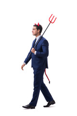 Evil devil businessman with pitchfork isolated on white backgrou