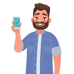 Wall Mural - Man is showing the phone. People and gadgets. Vector illustration in cartoon style