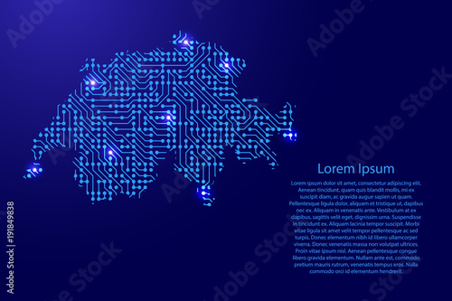 Fotomural Map Switzerland from printed board, chip and radio component with blue star space on the contour for banner, poster, greeting card, of vector illustration