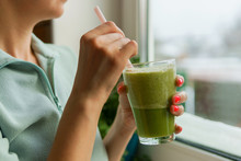 Woman Hands With Green Smoothie, Girl Drinking Smoothie
