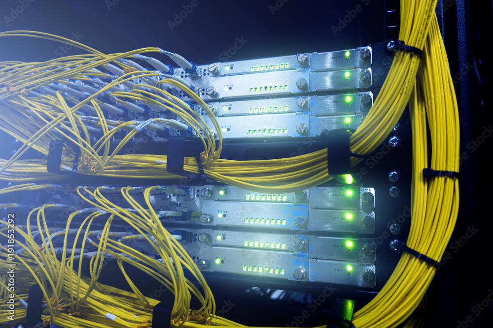 Fiber Optical connector interface. Fibre Channel swich. Severs computer ...