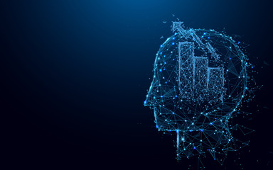 Aufkleber - Abstract Head with Graph and Chart bar symbol form lines and triangles, point connecting network on blue background. Illustration vector